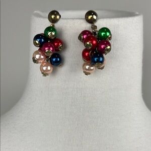 Vintage Multicolored Beaded Cluster Dangle Pierced Earrings Cha Cha Ornament